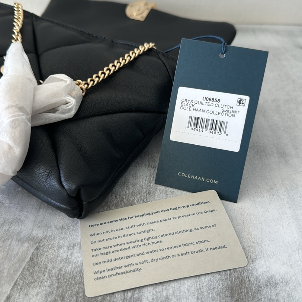 Cole Haan Crystal Quilt Leather Clutch Crossbody Black W Chain Strap - Picture 13 of 13
